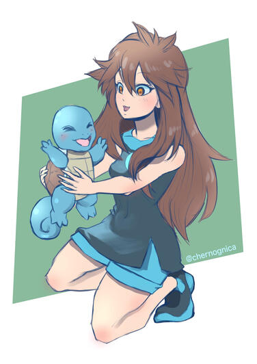 Pokemon trainer Green holding a tiny happy squirtle